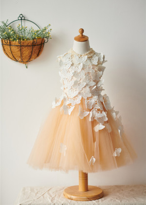 Peter Pan Collar Champagne Tulle Flower Girl Dress With Butterfly